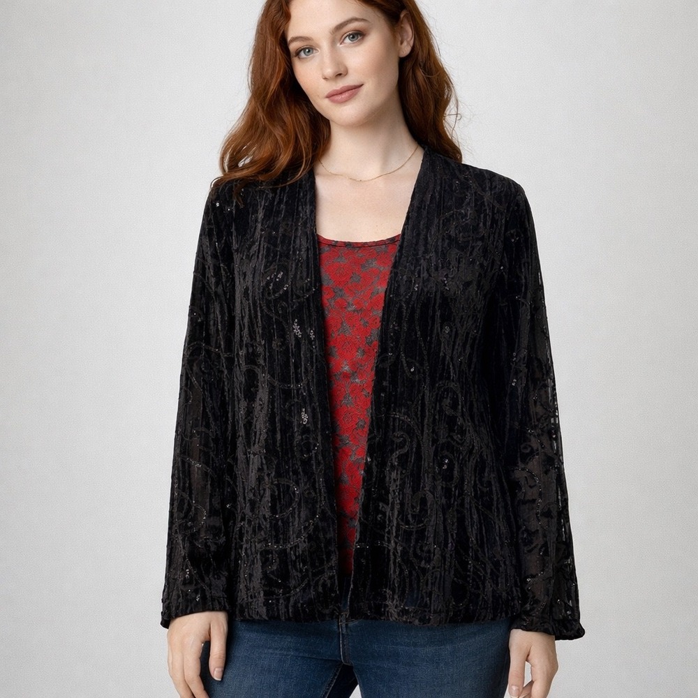 Choices Black Crushed Velvet Cardigan Embroidered Sequin Open Front Jacket
